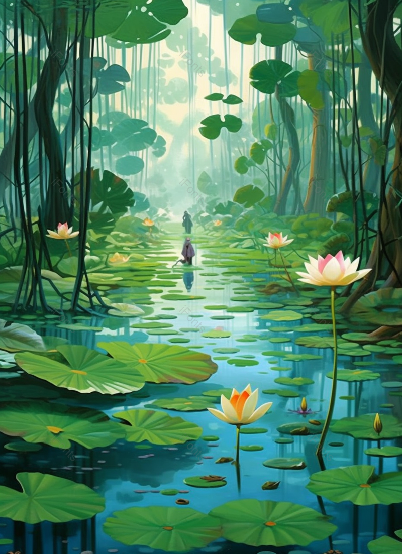 大暑绿色的夏天池塘里的荷叶荷花背景,插画/手绘图,插画/手绘图库,插画/手绘图下载,插画/手绘